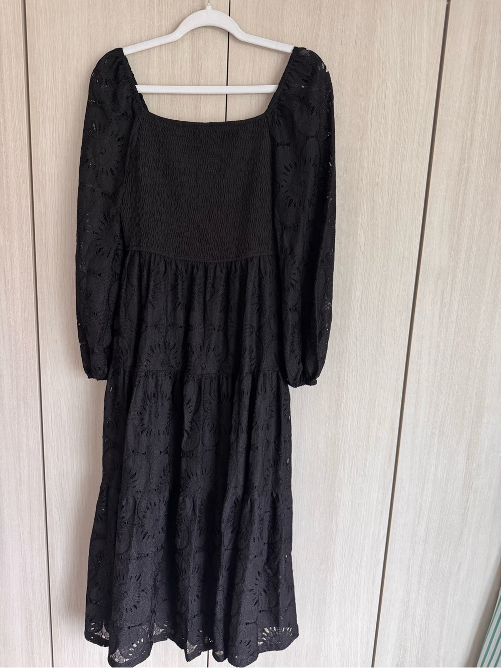 Black Eyelet Long-Sleeve Maxi Dress